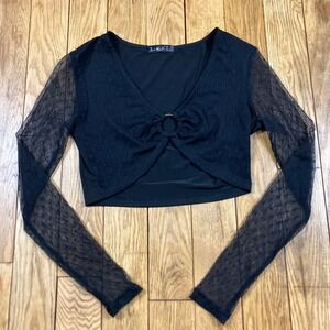 Just Quella Black Sheer Mesh Crop‎ Top Long Sleeve Ring Detail